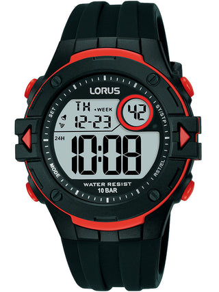 Front view of Lorus R2323PX9 Grey Dial Black Silicone Unisex Watch on white background