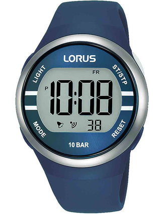 Front view of Lorus Chronograph R2339NX9 Grey Dial Blue Silicone Womens Watch on white background