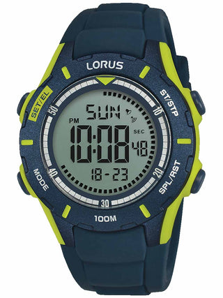 Front view of Lorus Chronograph R2365MX9 Grey Dial Blue Silicone Unisex Watch on white background