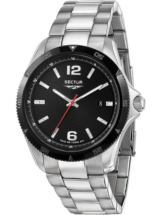 Front view of Sector R3253231002 Black Dial Silver Stainless Steel Unisex Watch on white background