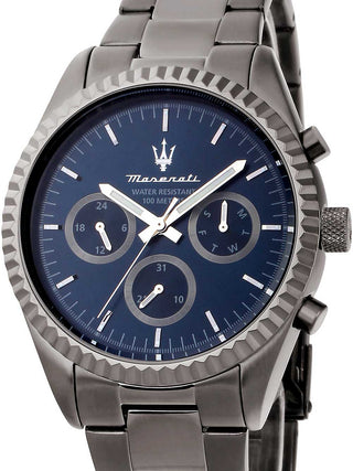 Front view of Maserati R8853100019 Blue Dial Grey Stainless Steel Unisex Watch on white background