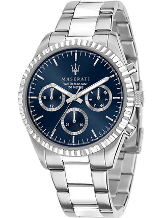 Front view of Maserati R8853100022 Blue Dial Silver Stainless Steel Unisex Watch on white background