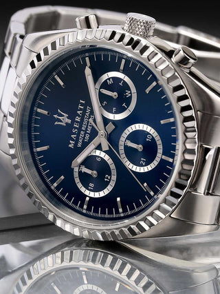 Angle shot of Maserati R8853100022 Blue Dial Silver Stainless Steel Unisex Watch on white background