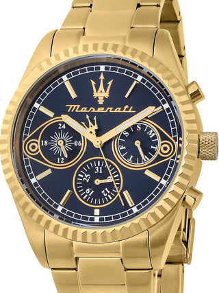 Front view of Maserati R8853100026 Blue Dial Gold Stainless Steel Unisex Watch on white background