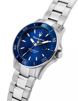 Angle shot of Maserati R8853100036 Blue Dial Silver Stainless Steel Unisex Watch on white background