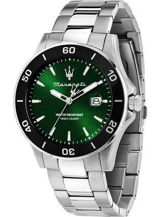 Front view of Maserati R8853100038 Green Dial Silver Stainless Steel Unisex Watch on white background