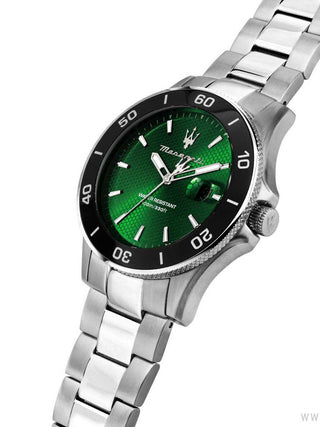 Angle shot of Maserati R8853100038 Green Dial Silver Stainless Steel Unisex Watch on white background