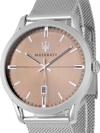 Front view of Maserati R8853125004 Pink Dial Silver Stainless Steel Unisex Watch on white background