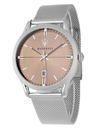 Angle shot of Maserati R8853125004 Pink Dial Silver Stainless Steel Unisex Watch on white background