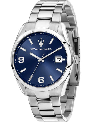 Front view of Maserati R8853151013 Blue Dial Silver Stainless Steel Unisex Watch on white background