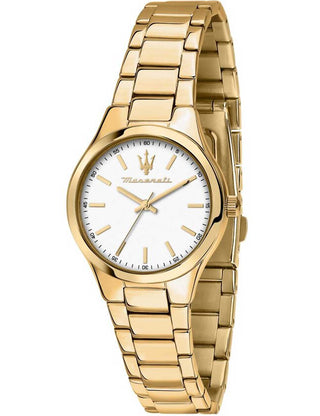 Front view of Maserati R8853151501 White Dial Gold Stainless Steel Womens Watch on white background