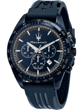 Front view of Maserati Chronograph R8871612042 Blue Silicone Unisex Watch on white background