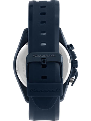 Angle shot of Maserati Chronograph R8871612042 Blue Silicone Unisex Watch on white background