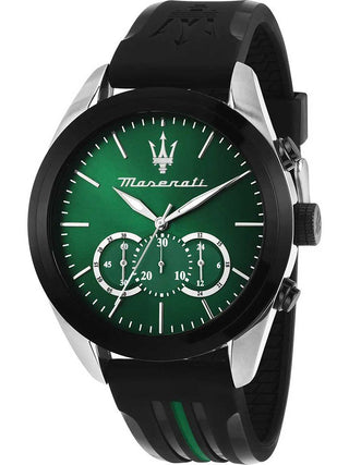 Front view of Maserati Chronograph R8871612043 Green Dial Black Silicone Unisex Watch on white background