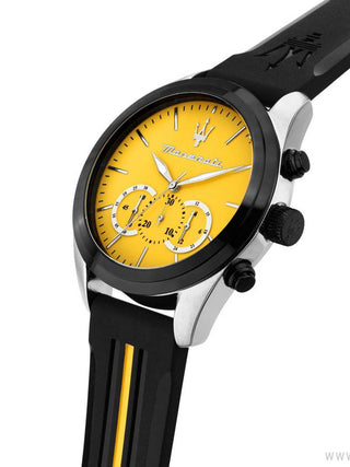 Angle shot of Maserati Chronograph R8871612045 Yellow Dial Black Silicone Unisex Watch on white background