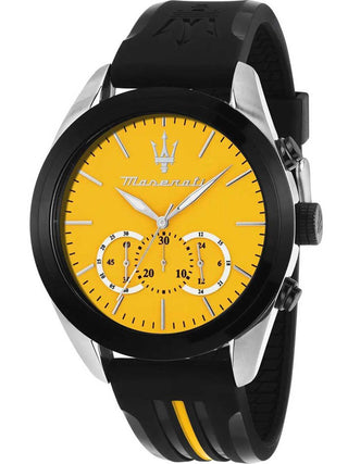 Front view of Maserati Chronograph R8871612045 Yellow Dial Black Silicone Unisex Watch on white background
