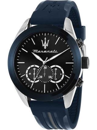 Front view of Maserati Chronograph R8871612046 Grey Dial Blue Silicone Unisex Watch on white background