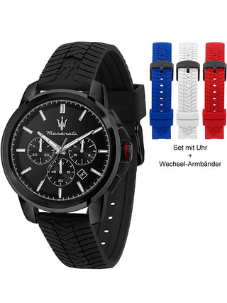 Front view of Maserati Chronograph R8871648006 Black Silicone Unisex Watch on white background