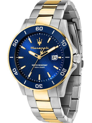 Angle shot of Maserati R8873600007 Blue Dial Gold Stainless Steel Unisex Watch on white background