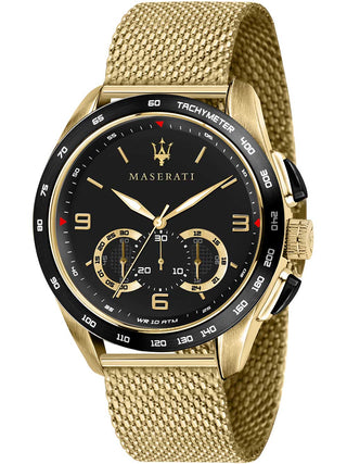 Front view of Maserati Chronograph R8873612010 Black Dial Gold Stainless Steel Unisex Watch on white background