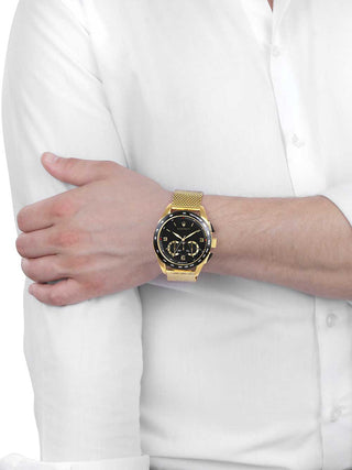 Angle shot of Maserati Chronograph R8873612010 Black Dial Gold Stainless Steel Unisex Watch on white background
