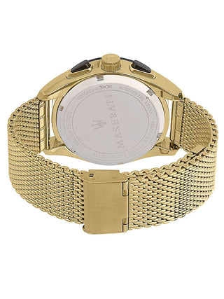 Angle shot of Maserati Chronograph R8873612010 Black Dial Gold Stainless Steel Unisex Watch on white background