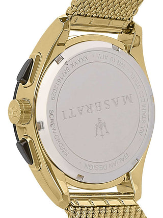 Angle shot of Maserati Chronograph R8873612010 Black Dial Gold Stainless Steel Unisex Watch on white background