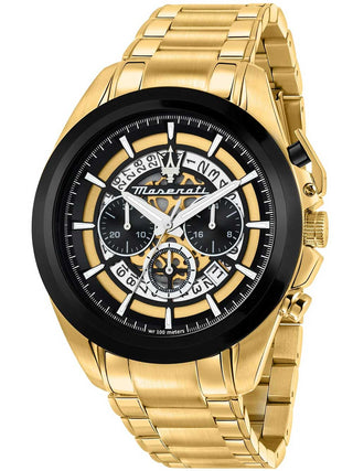 Front view of Maserati Chronograph R8873612058 Gold Stainless Steel Unisex Watch on white background