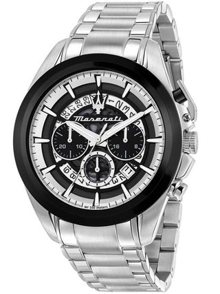Front view of Maserati Chronograph R8873612059 Black Dial Silver Stainless Steel Unisex Watch on white background