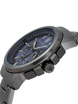 Angle shot of Maserati Successo Chronograph R8873621005 Blue Dial Grey Stainless Steel Mens Watch on white background