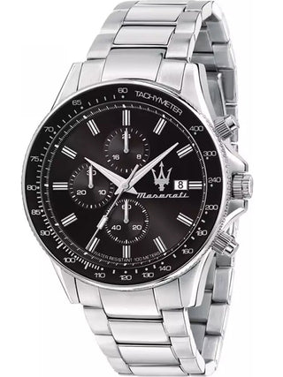 Front view of Maserati Chronograph R8873640015 Black Dial Silver Stainless Steel Unisex Watch on white background