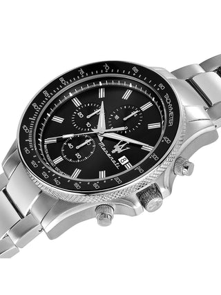 Angle shot of Maserati Chronograph R8873640015 Black Dial Silver Stainless Steel Unisex Watch on white background