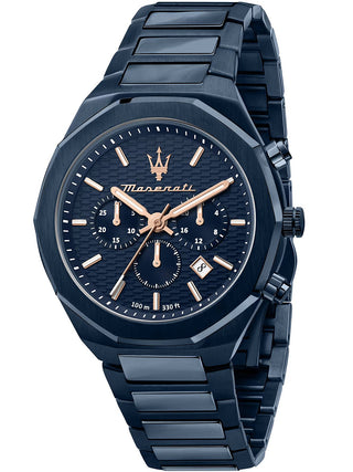 Front view of Maserati Chronograph R8873642008 Blue Stainless Steel Unisex Watch on white background