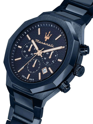 Angle shot of Maserati Chronograph R8873642008 Blue Stainless Steel Unisex Watch on white background