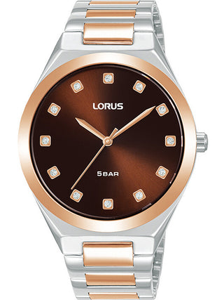 Front view of Lorus RG204WX9 Brown Dial Rose Gold Stainless Steel Womens Watch on white background