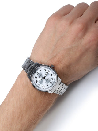 Angle shot of Lorus RG217MX9 White Dial Silver Stainless Steel Unisex Watch on white background