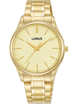 Front view of Lorus RG220WX9 Gold Stainless Steel Womens Watch on white background