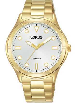 Front view of Lorus RG248VX9 Silver Dial Gold Stainless Steel Womens Watch on white background