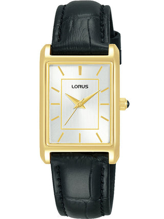 Front view of Lorus RG290VX9 Silver Dial Black Leather Womens Watch on white background