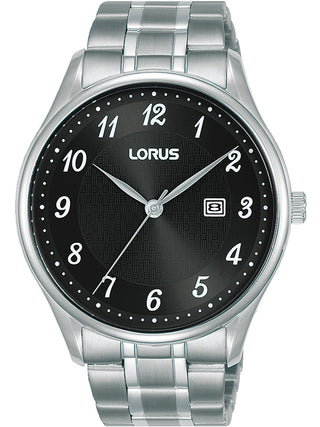 Front view of Lorus RH903PX9 Black Dial Silver Stainless Steel Unisex Watch on white background