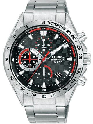 Front view of Lorus Chronograph RM309JX9 Grey Dial Silver Stainless Steel Unisex Watch on white background