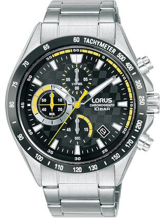 Front view of Lorus Chronograph RM313JX9 Grey Dial Silver Stainless Steel Unisex Watch on white background