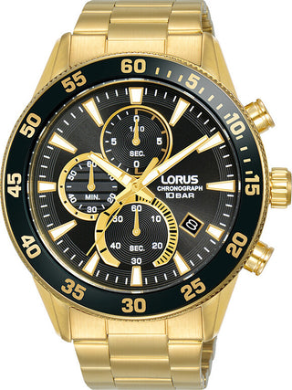 Front view of Lorus Chronograph RM330JX9 Black Dial Gold Stainless Steel Unisex Watch on white background