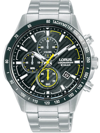 Front view of Lorus Chronograph RM397HX9 Grey Dial Silver Stainless Steel Unisex Watch on white background