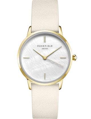 Front view of Rosefield RMBLG-R04 White Leather Womens Watch on white background