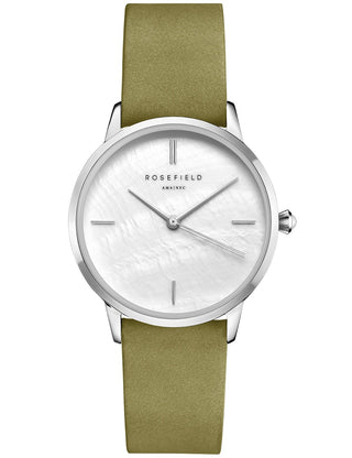 Front view of Rosefield RMOLS-R05 White Dial Green Leather Womens Watch on white background