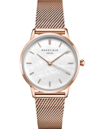 Front view of Rosefield RMRMR-R09 White Dial Rose Gold Stainless Steel Womens Watch on white background