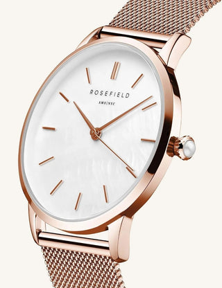 Angle shot of Rosefield RMRMR-R09 White Dial Rose Gold Stainless Steel Womens Watch on white background