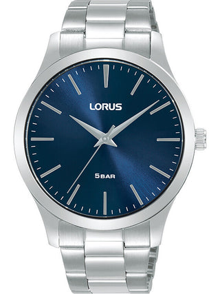 Front view of Lorus Classic Man RRX65HX9 Blue Dial Silver Stainless Steel Unisex Watch on white background