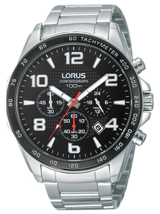 Front view of Lorus Chronograph RT351CX9 Black Dial Silver Stainless Steel Unisex Watch on white background